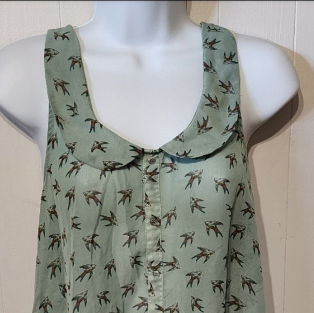 Sheer Button Front Sleeveless Shirt with Birds Small Green Fire Los Angeles A169